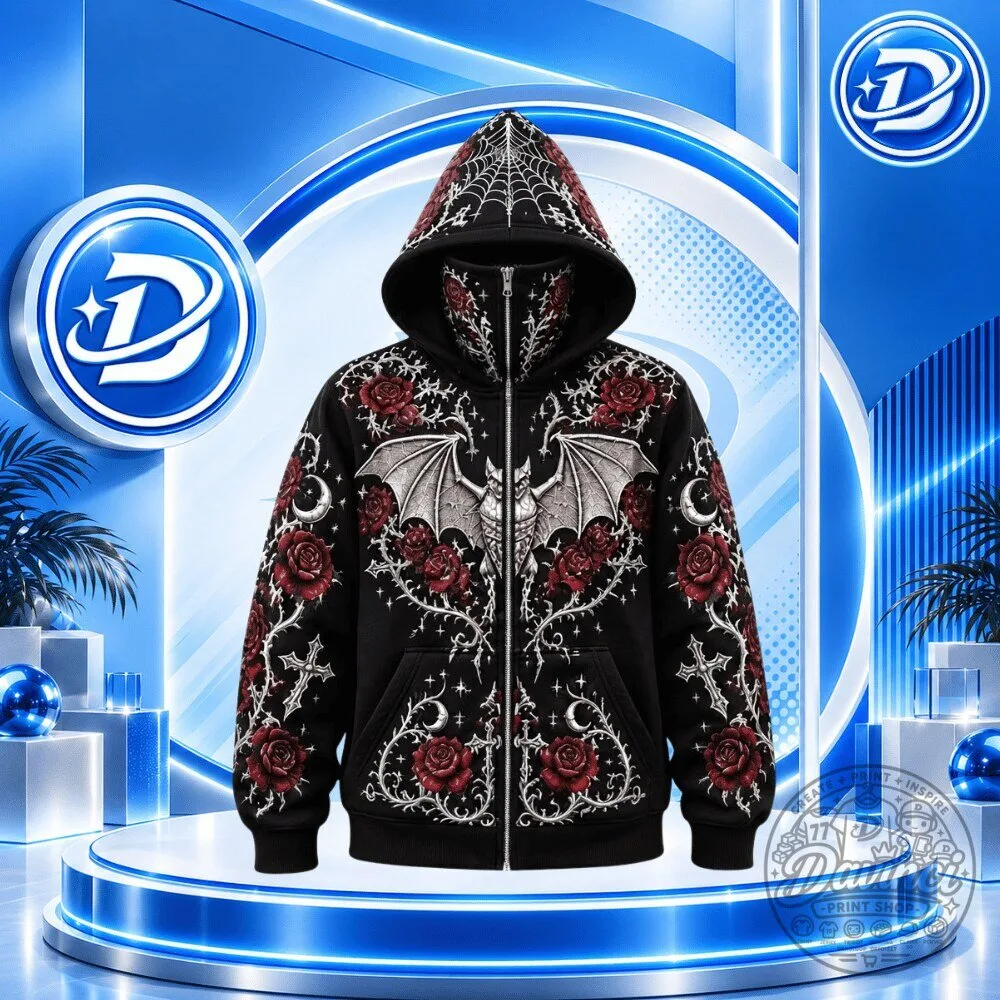 Ethoriel Gothic Bat Rose Cross Print Zip Up Face Mask Hoodie Shirt 11