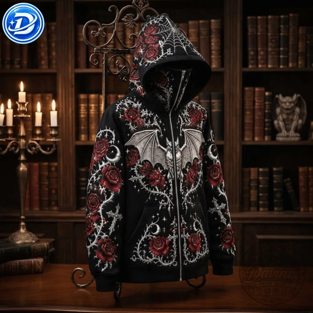 Ethoriel Gothic Bat Rose Cross Print Zip Up Face Mask Hoodie Shirt 8 Ethoriel Gothic Bat Rose Cross Print Zip Up Face Mask Hoodie Shirt 22