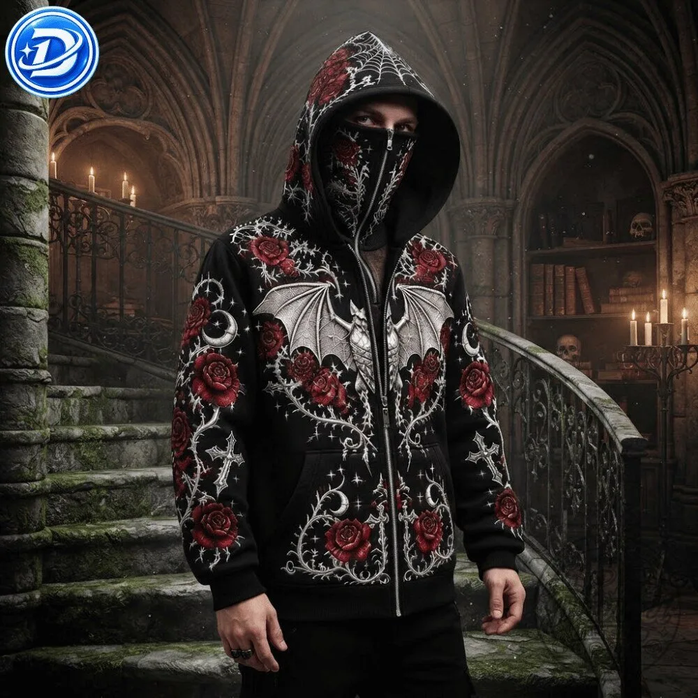 Ethoriel Gothic Bat Rose Cross Print Zip Up Face Mask Hoodie Shirt 9 Ethoriel Gothic Bat Rose Cross Print Zip Up Face Mask Hoodie Shirt 33