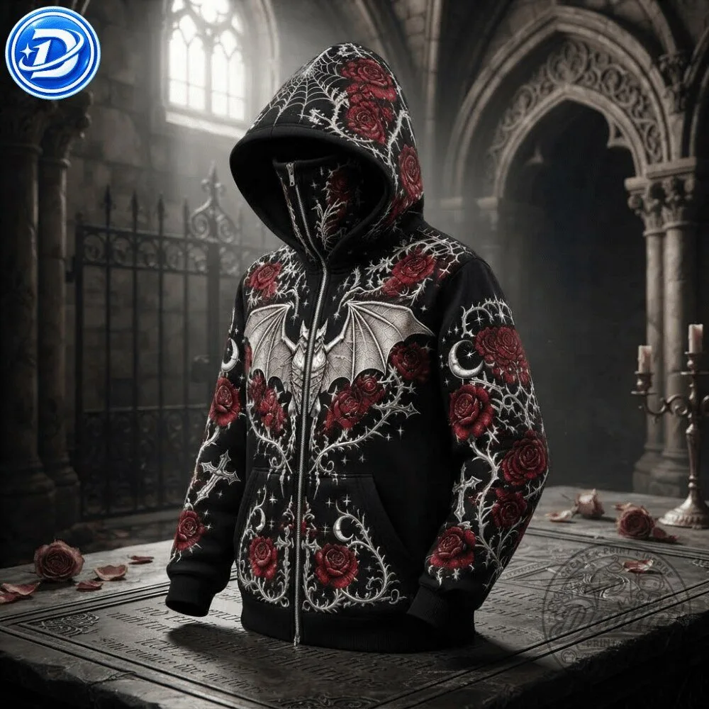Ethoriel Gothic Bat Rose Cross Print Zip Up Face Mask Hoodie Shirt 10 Ethoriel Gothic Bat Rose Cross Print Zip Up Face Mask Hoodie Shirt 44
