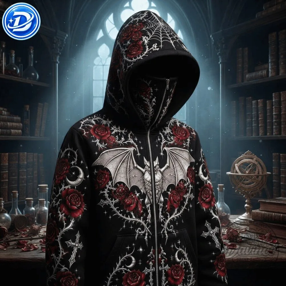 Ethoriel Gothic Bat Rose Cross Print Zip Up Face Mask Hoodie Shirt 11 Ethoriel Gothic Bat Rose Cross Print Zip Up Face Mask Hoodie Shirt 55