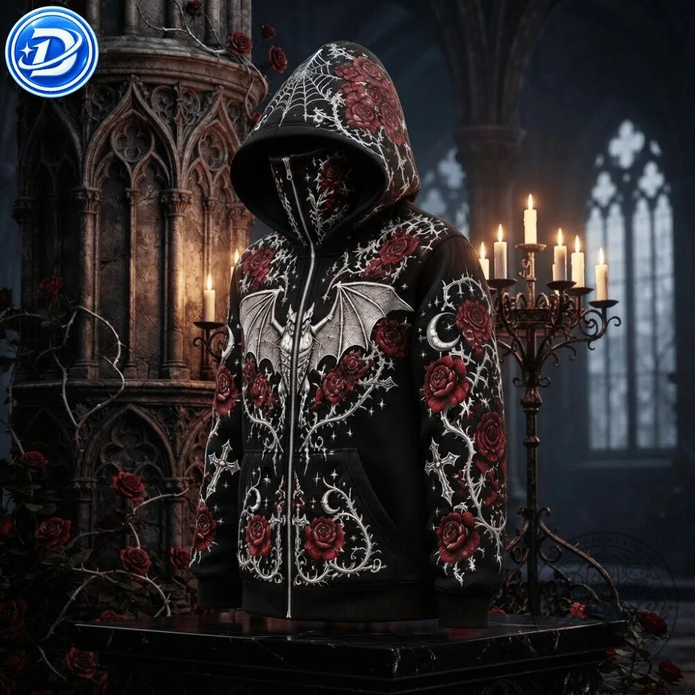 Ethoriel Gothic Bat Rose Cross Print Zip Up Face Mask Hoodie Shirt 12 Ethoriel Gothic Bat Rose Cross Print Zip Up Face Mask Hoodie Shirt 66