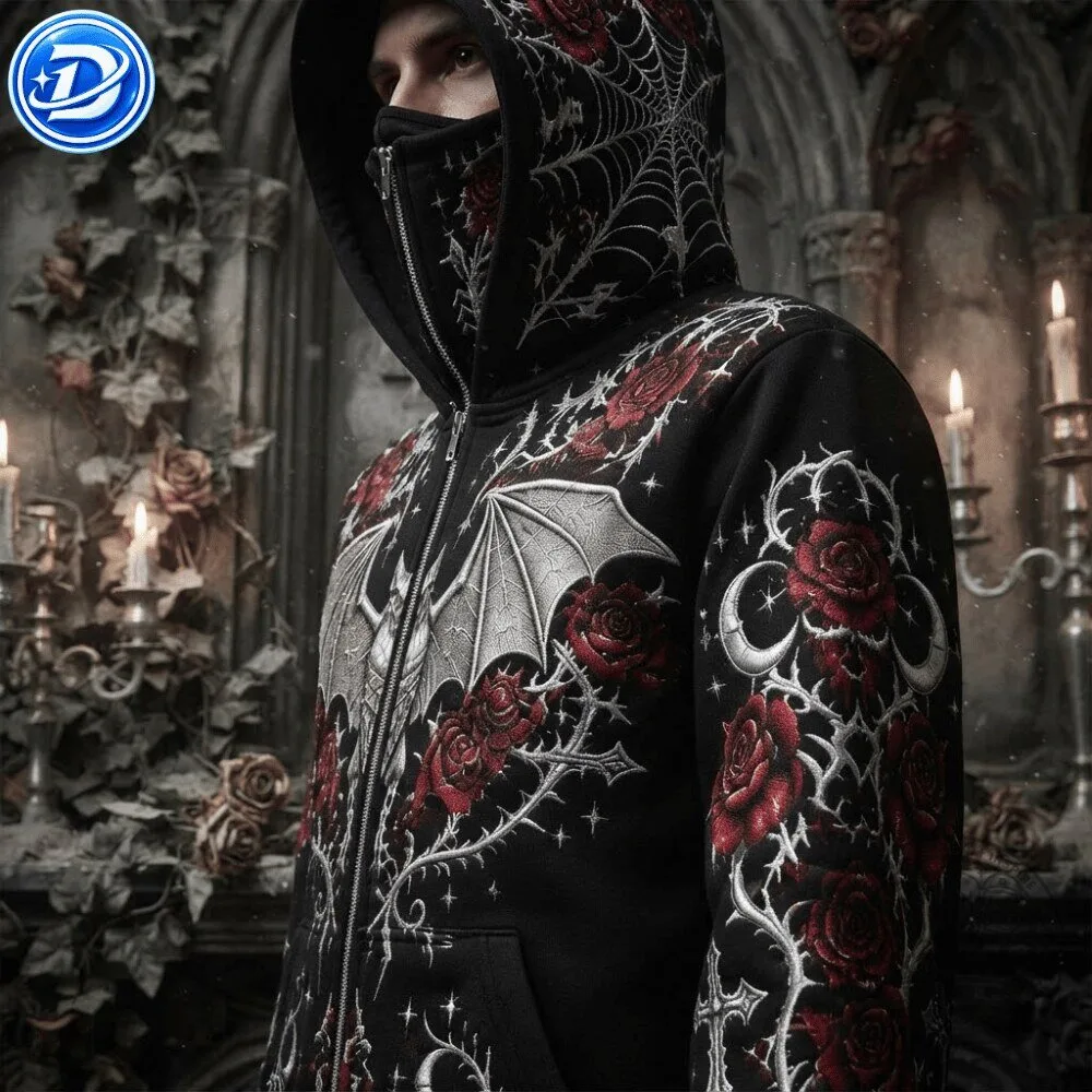 Ethoriel Gothic Bat Rose Cross Print Zip Up Face Mask Hoodie Shirt 13 Ethoriel Gothic Bat Rose Cross Print Zip Up Face Mask Hoodie Shirt 77